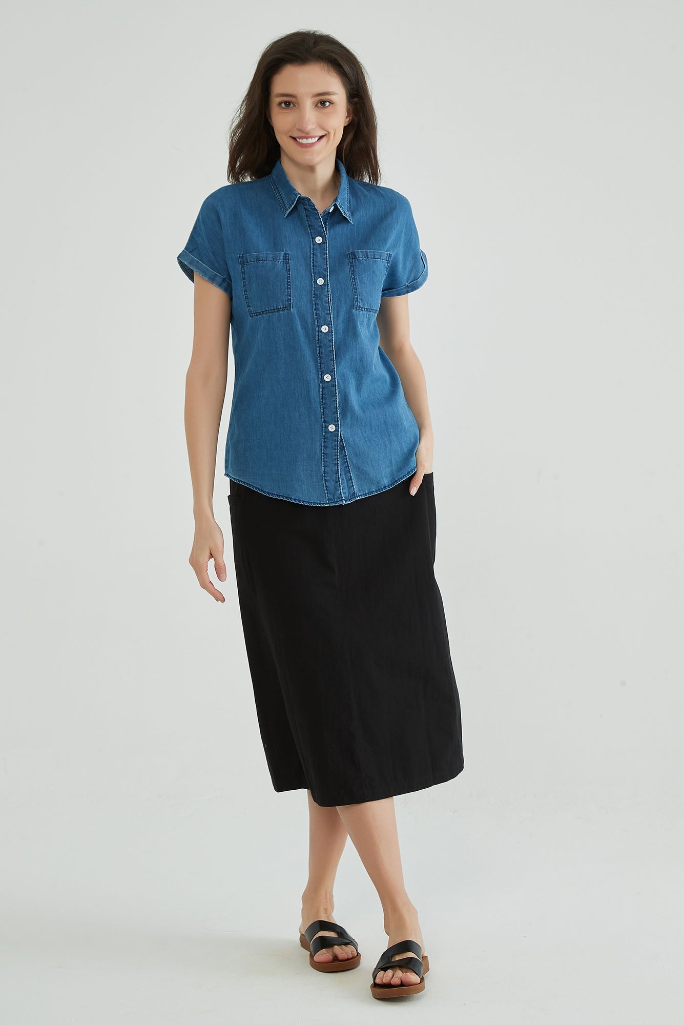 Indigo Blue Short Sleeve Denim Shirt Womens - Whisper Mint